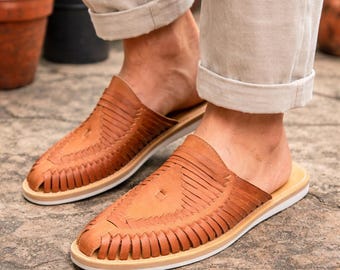 Mules Huarache de cuero para hombre, sandalias mexicanas para hombre, zapatos artesanales hechos a mano, sandalias de cuero sin cordones, sandalias boho para hombre, regalo para él