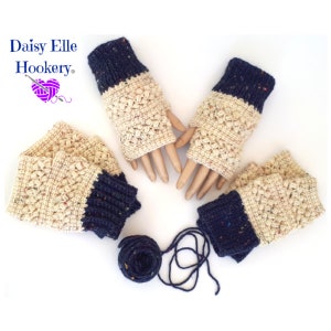May include: Four pairs of crocheted fingerless gloves with a cream colored top and a navy blue bottom. A ball of navy blue yarn is included.