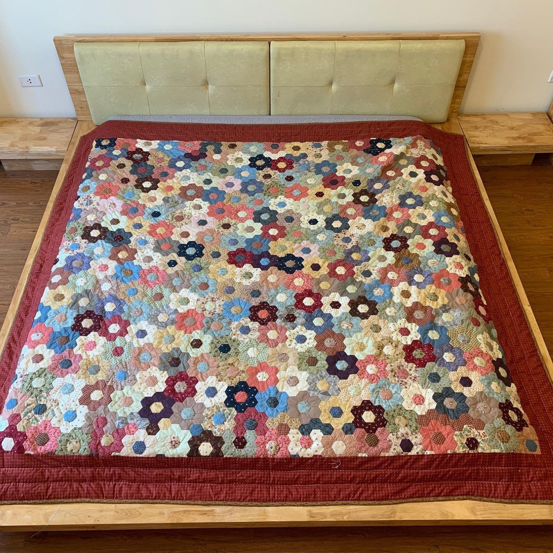 Hexagon Quilt for Sale Amish Hand Quilted Bordeaux Patchwork Etsy