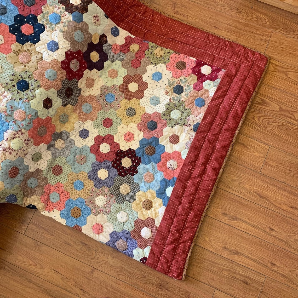 Hexagon Quilt for Sale Amish Hand Quilted Bordeaux Patchwork Etsy