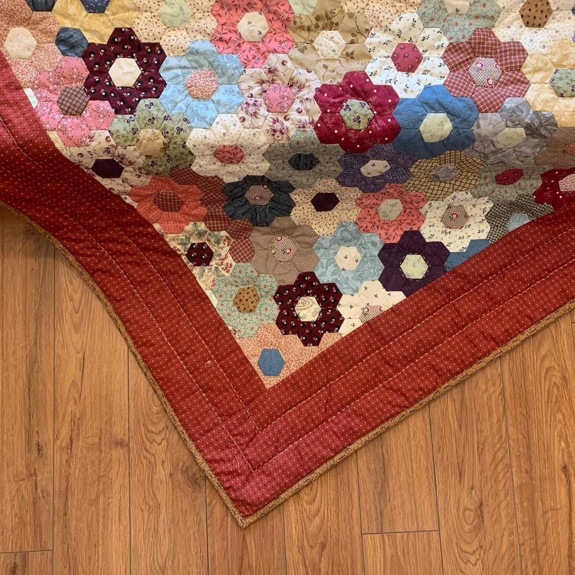 Hexagon Quilt for Sale Amish Hand Quilted Bordeaux Patchwork Etsy