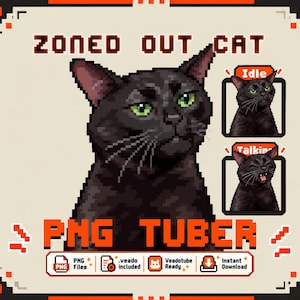 Op de afbeelding: Een pixel art afbeelding van een zwarte kat met groene ogen, gelabeld ZONED OUT CAT PNG TUBER. Het bevat twee kleinere kaders die de kat tonen in Idle en Talking toestanden, samen met iconen voor PNG-bestanden en .veado inbegrepen.