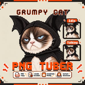 Op de afbeelding: Een pixel art Grumpy Cat PNG Tuber asset met een kat in een zwarte capuchon met vleermuisoren. Bevat Idle en Talking statussen, met de teksten Grumpy Cat, PNG Tuber, PNG Files, .veado included, Veadotube Ready en Instant Download.
