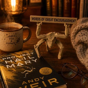 May include: A cosy still life with a book, a mug, a figurine, and glasses. The book is "Project Hail Mary" by Andy Weir. The mug has the text "Books, Tea & Space". The figurine holds a sign saying "Words of Great Encouragement". The scene is on a wooden table.