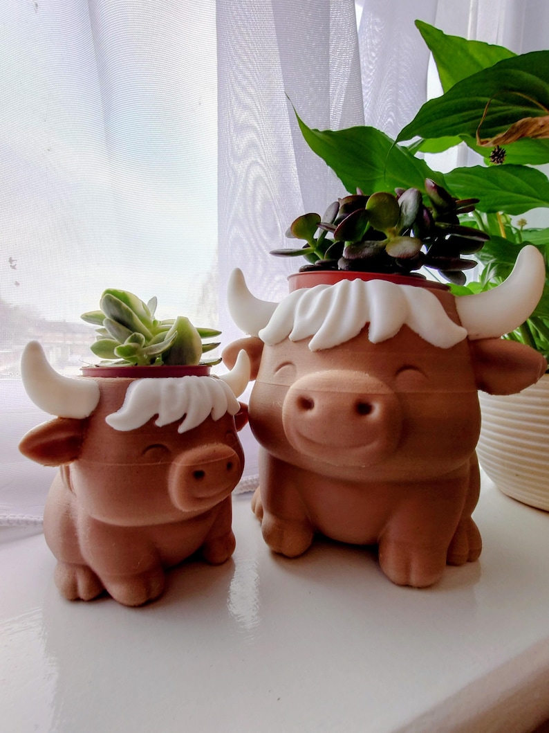Highland Cow Succulent Planter – Cute Resin Flower Pot With Drainage Hole & 2 Planting Spots, 6.5"H X 5.5"W, Great Desk Decor Gift For Plant Lovers