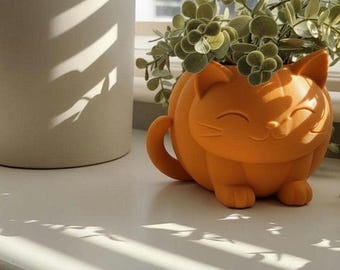Pumpkin Cat Planter – Cute Halloween Succulent Pot – Spooky Autumn Decor – 3D Printed Plant Pot – Gift for Cat Lovers