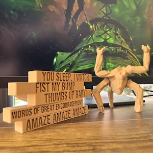 May include: A beige, multi-tiered block structure featuring engraved text that reads: YOU SLEEP, I WATCH, FIST MY BUMP, THUMBS UP BABY!, WORDS OF GREAT ENCOURAGEMENT, and AMAZE AMAZE AMAZE. Beside it stands a beige, articulated, multi-legged creature figurine.