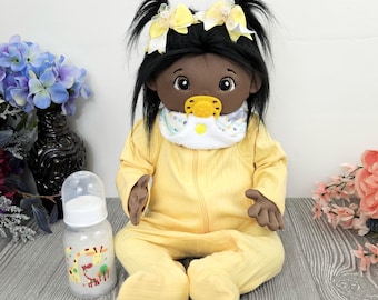 African American Cloth baby doll with black hair