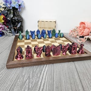 Dragon 3D printed chess set with laser engraved walnut framed board