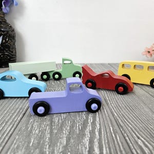 Wooden car and truck set, 6 piece toy automobiles, wood collector vehicles