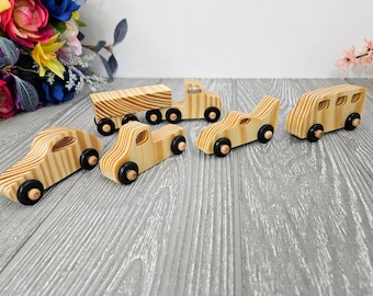 Wooden car and truck set, Montessori 6 piece toy automobiles