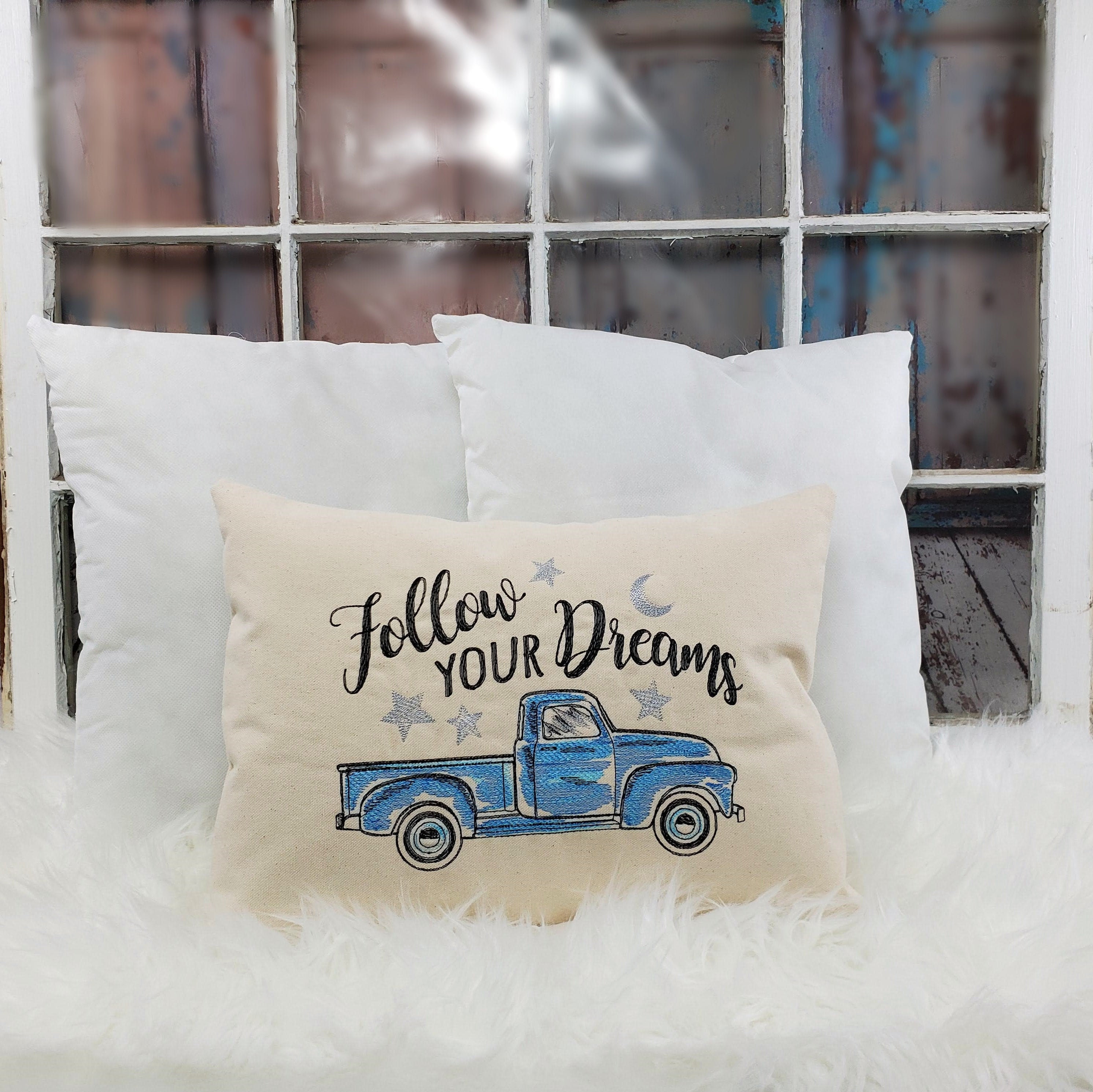 Embroidered classic truck pillow 12 x 16 Follow your dreams Etsy