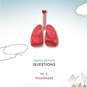 May include: A red illustration of human lungs with a trachea, against a blue sky background with white clouds. The text "PANCE REVIEW QUESTIONS Vol. 2: PULMONARY" is below the image.