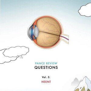 Könnte beinhalten: Anatomische Darstellung eines Auges mit einem Querschnitt, der die inneren Strukturen zeigt. Der Text "PANCE REVIEW QUESTIONS Vol. 5: HEENT" ist enthalten. Eine Bergkette und Wolken sind ebenfalls abgebildet.