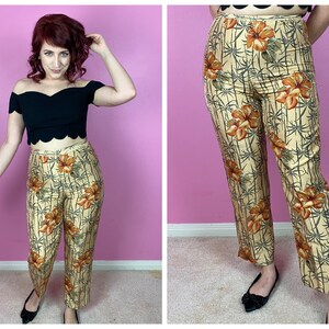 Size M | 1990s 90s Tan Green Orange Hibiscus Floral Silk Pants with Beading Detail