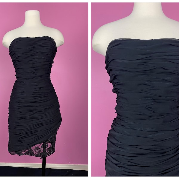 Size S/M | Vintage 1980s 80s does 50s VICTOR COSTA Black Strapless Gathered Ruched Chiffon Bombshell Dress with Lace Bottom