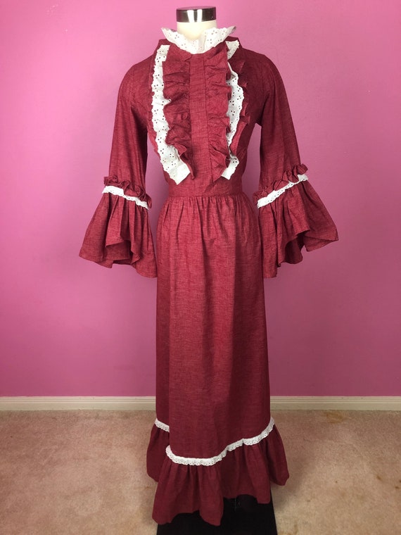 Rococo meets 70s Prairie Dress / 1970s Red with W… - image 2
