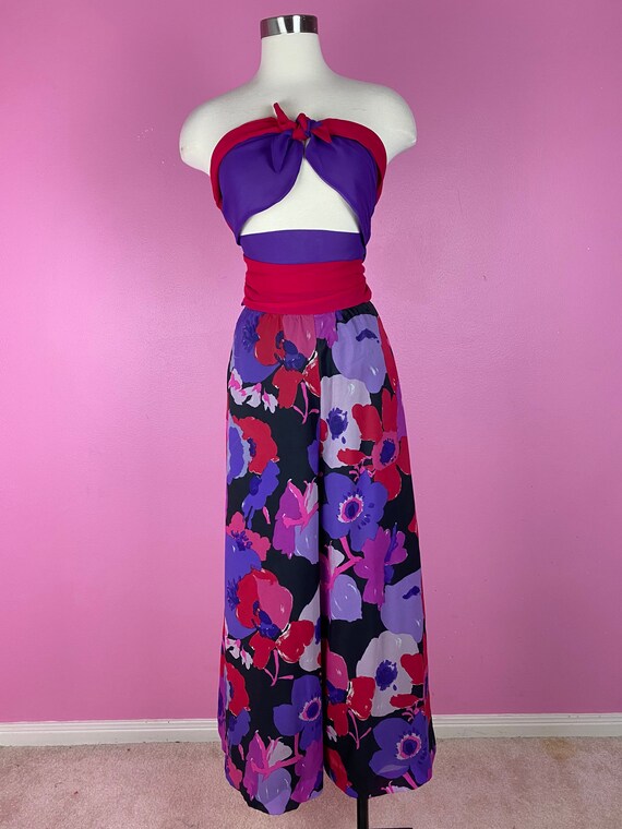 Vintage 1970s 70s Pink Purple Floral Silk Chiffon… - image 5