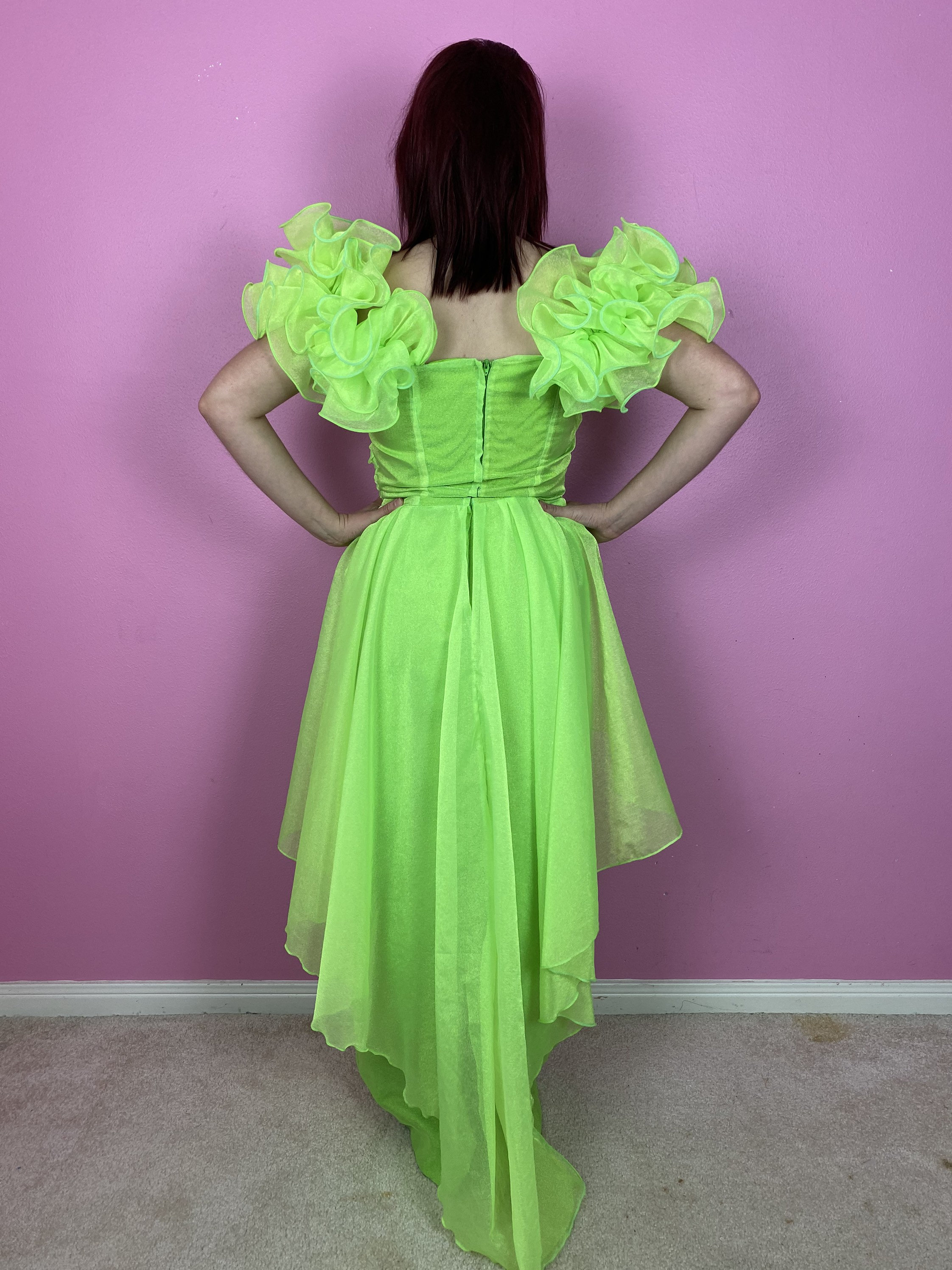 Vintage 1980s 80s Neon Lime Green Draped Peplum Formal Gown Prom Dress ...