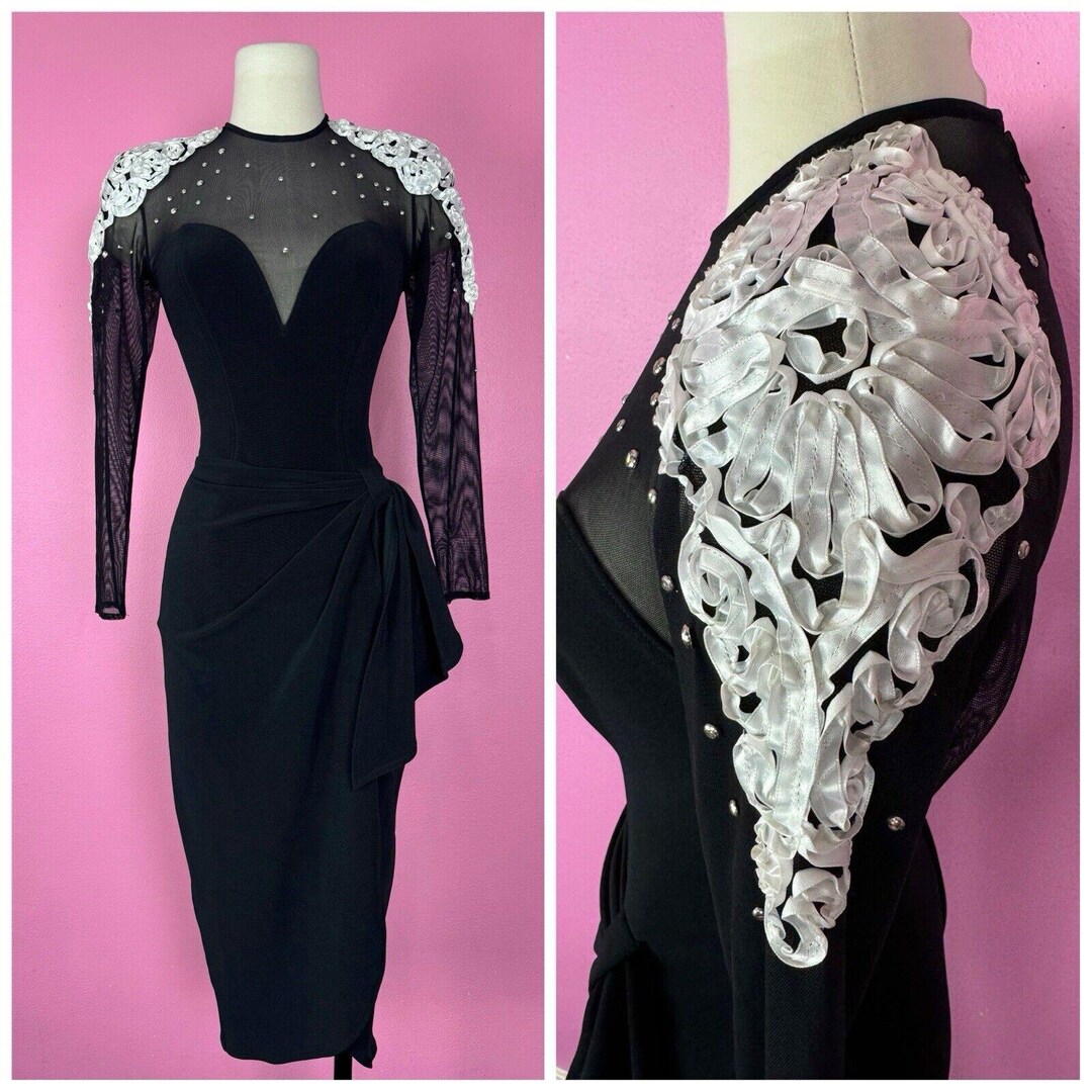 1980s Black White Belted Hearts Dress | S/M