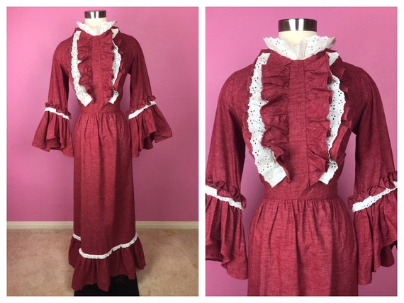 Rococo meets 70s Prairie Dress / 1970s Red with W… - image 1