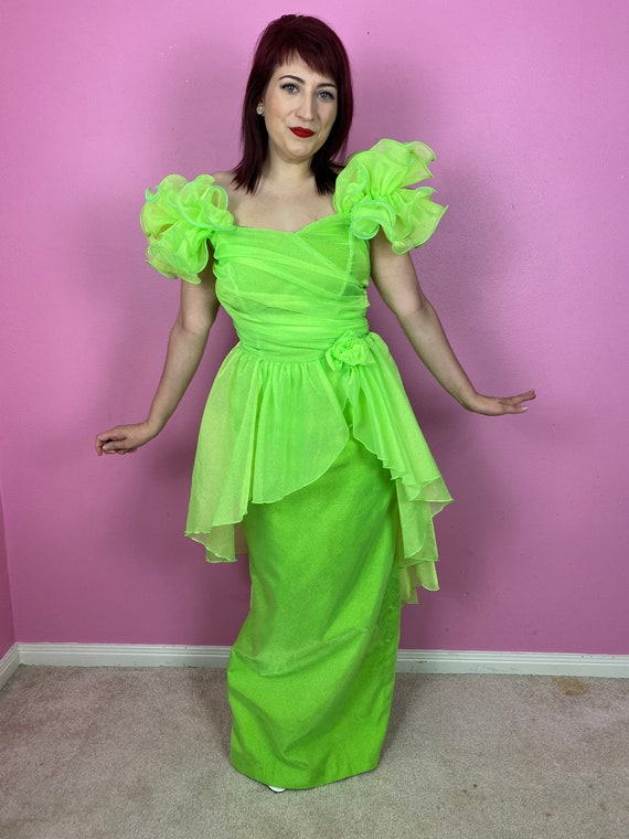 Vintage 1980s 80s Neon Lime Green Draped Peplum Formal Gown Prom 