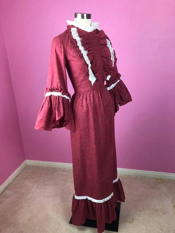 Rococo meets 70s Prairie Dress / 1970s Red with W… - image 3