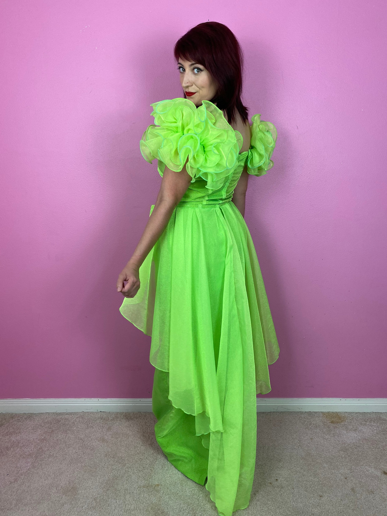 Vintage 1980s 80s Neon Lime Green Draped Peplum Formal Gown Prom Dress ...