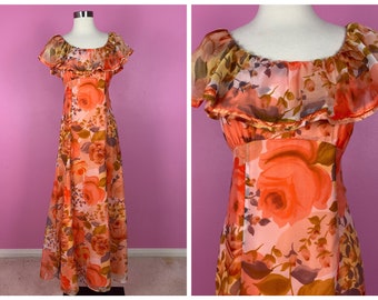 Size S/M | Vintage 1970s 70s Orange Floral Flowy Dress with Ruffle Neckline Maxi Dresses