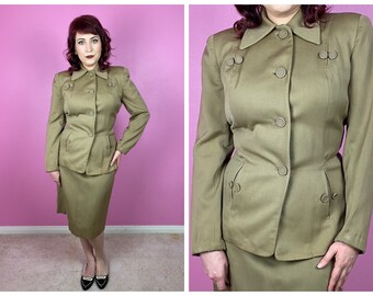 Size S/M | Vintage 1940s 40s Light Brown Wool Gabardine Skirt Suit by Jolee New York