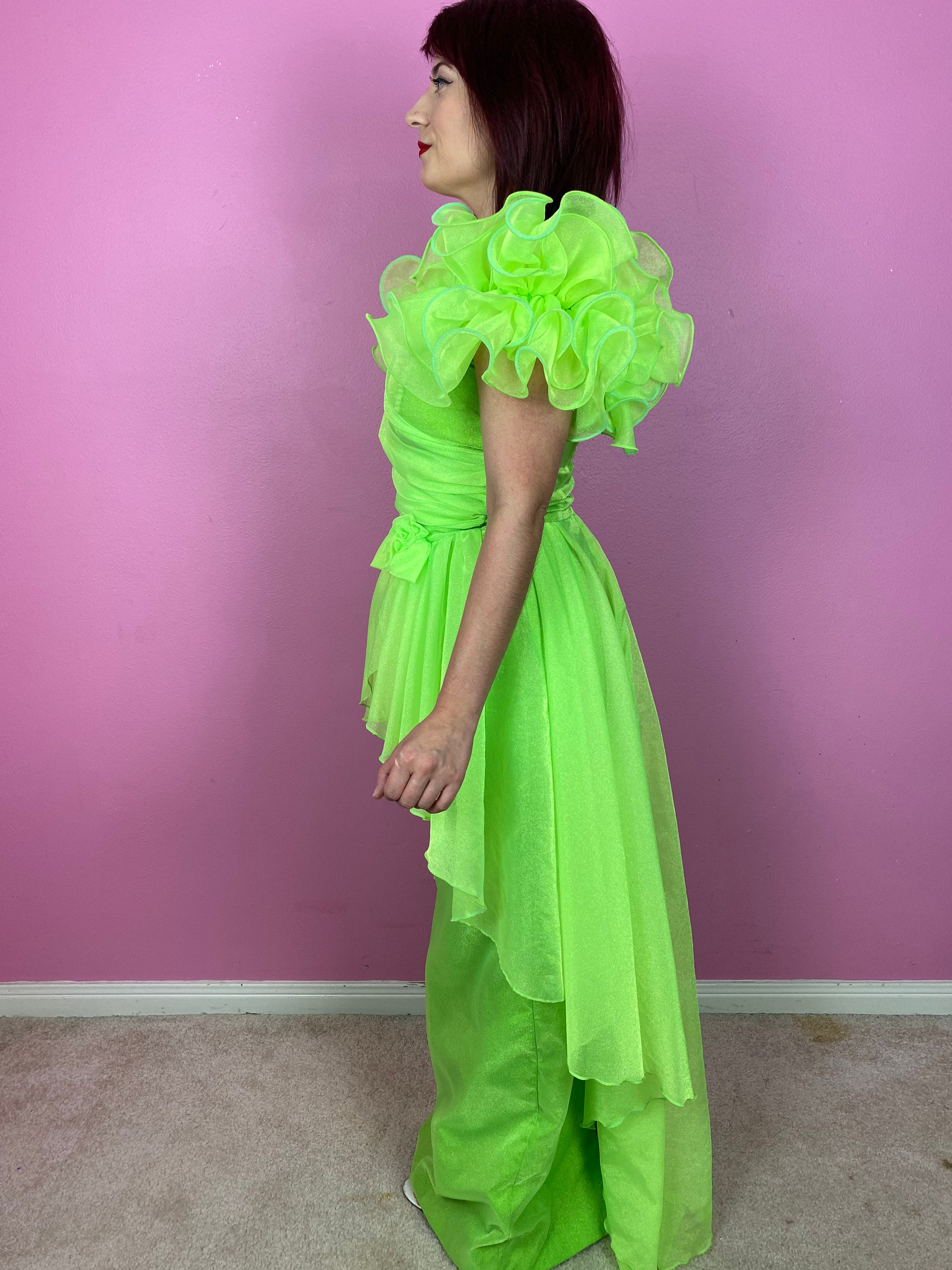 Vintage 1980s 80s Neon Lime Green Draped Peplum Formal Gown Prom Dress ...
