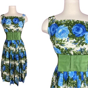23” waist | Vintage Late 1950s 50s Early 1960s Green Blue White Sleeveless Floral Rose Print Dress with Bow Waist