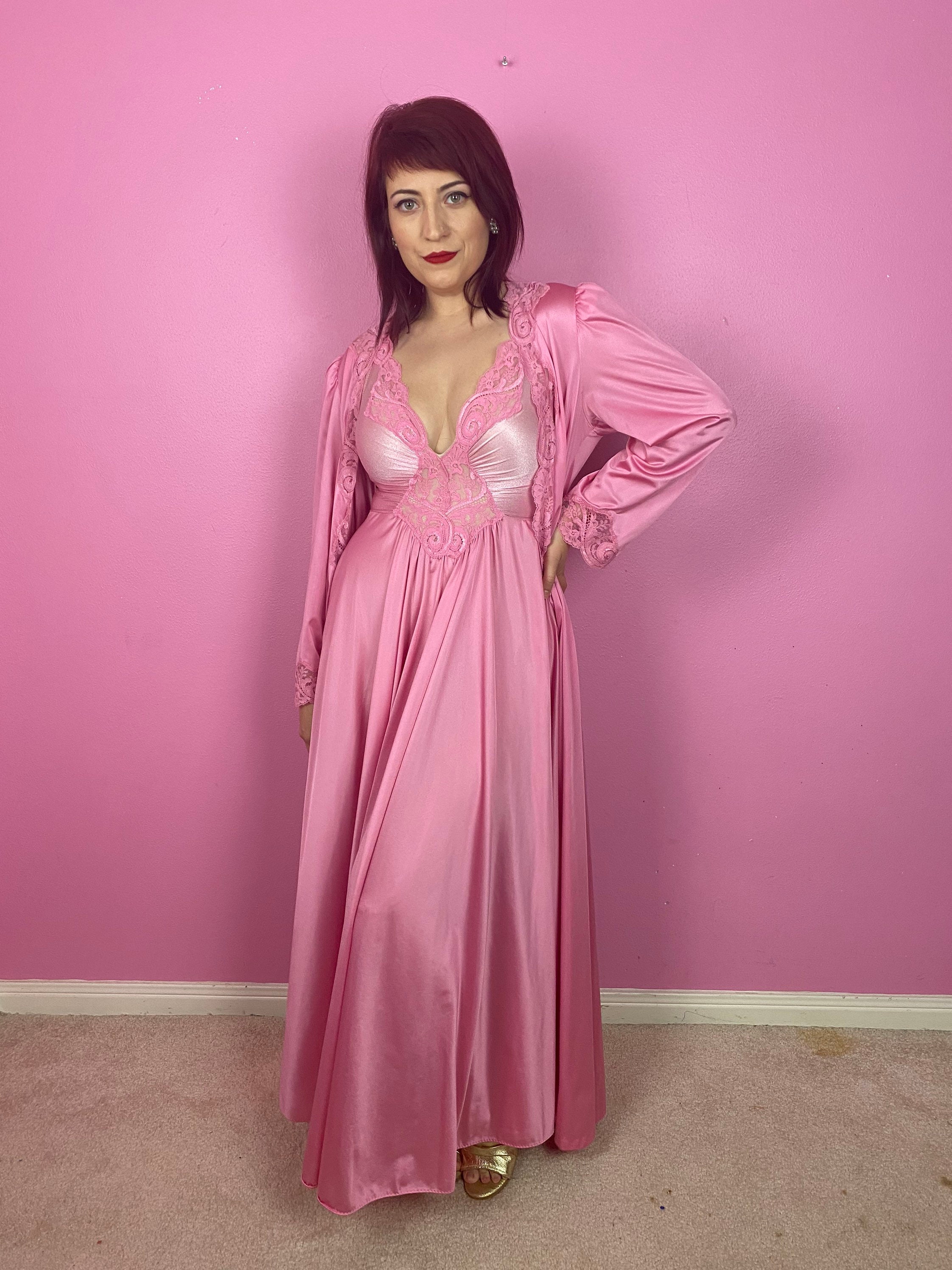 Vintage 1970s 70s OLGA Pink Nightgown Night Gown and Robe 2 Pc Etsy