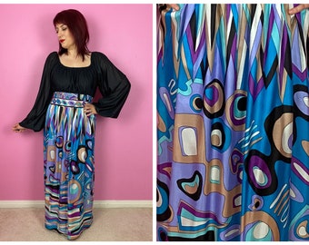 Size S-L | Up to VOLUP Vintage 1960s 60s Blue Purple Black Pucci-esque Psychedelic Abstract Geometric Print Maxi Dress with Balloon Sleeves