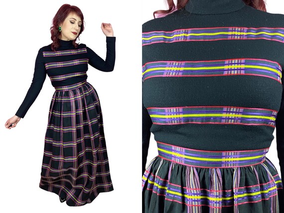 Size M | 1970s 70s Black Purple Pink Yellow Plaid… - image 1