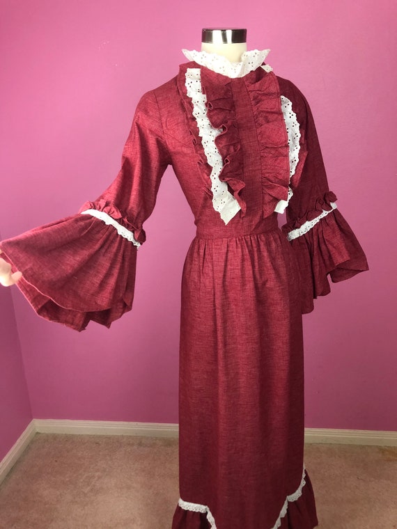 Rococo meets 70s Prairie Dress / 1970s Red with W… - image 7