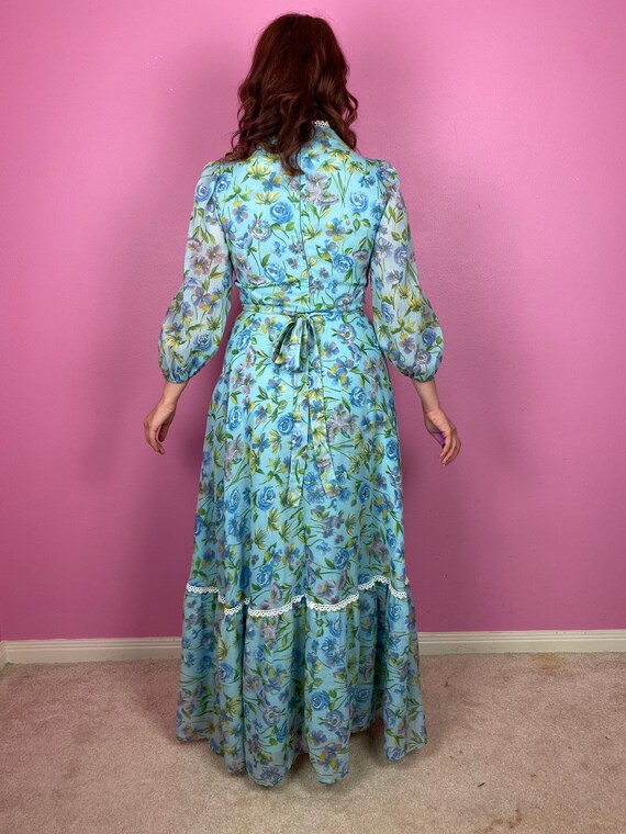 Vintage 1970s 70s Blue Floral 3/4 Sleeve Cottage … - image 10