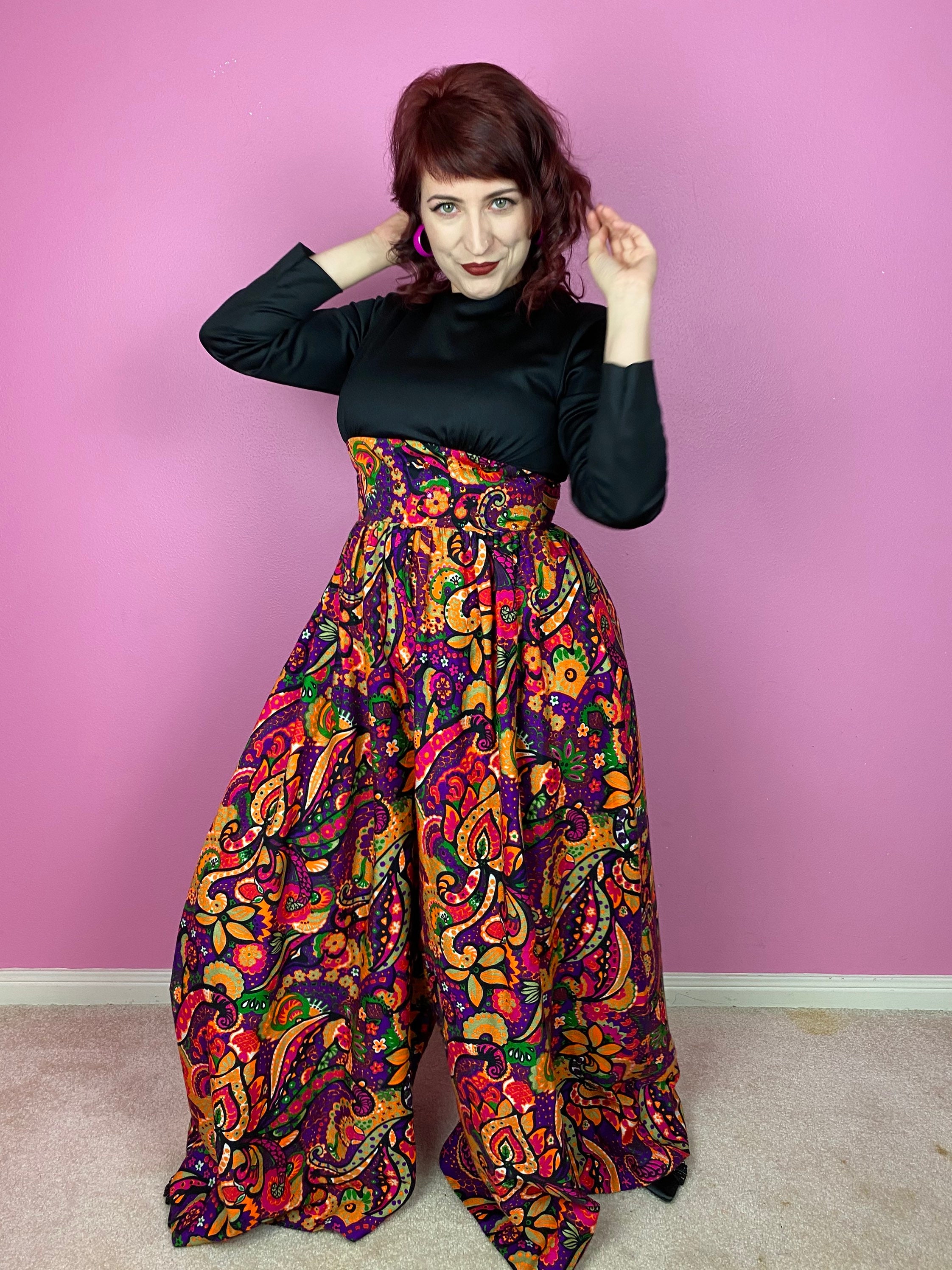 Vintage 1970s 70s Long Sleeve Jumpsuit With Psychedelic Barkcloth