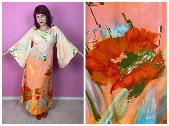 Vintage 1970s 70s Orange Pink Floral Watercolor P… - image 1