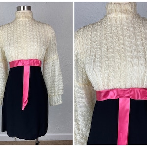 1960s 60s Cream Black and Hot Pink Ruffled Lace Bishop Balloon Sleeve Mini Dress with Mock Neck and Ribbon Bow Waist Sash Size S Small