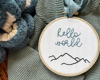Birth announcement | hand embroidery keepsake | baby ornament | personalized gift for boy or girl | newborn | Christmas ornament | Mountain