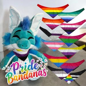 May include: A blue plush toy with a smiling face wearing a purple and black bandana. The toy is surrounded by ten different colored bandanas with various pride flag designs. The text "Pride Bandanas" is written on the bottom of the image.