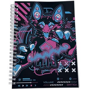May include: Spiral-bound notebook featuring a stylized, colorful illustration of a creature with large ears and multiple eyes. The design incorporates pink, blue, and white elements against a black background, with audio-themed graphics and the word "VOLUME".