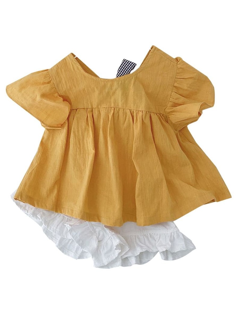 2-Piece Little Girl Flutter Sleeve Yellow Top And White Shorts