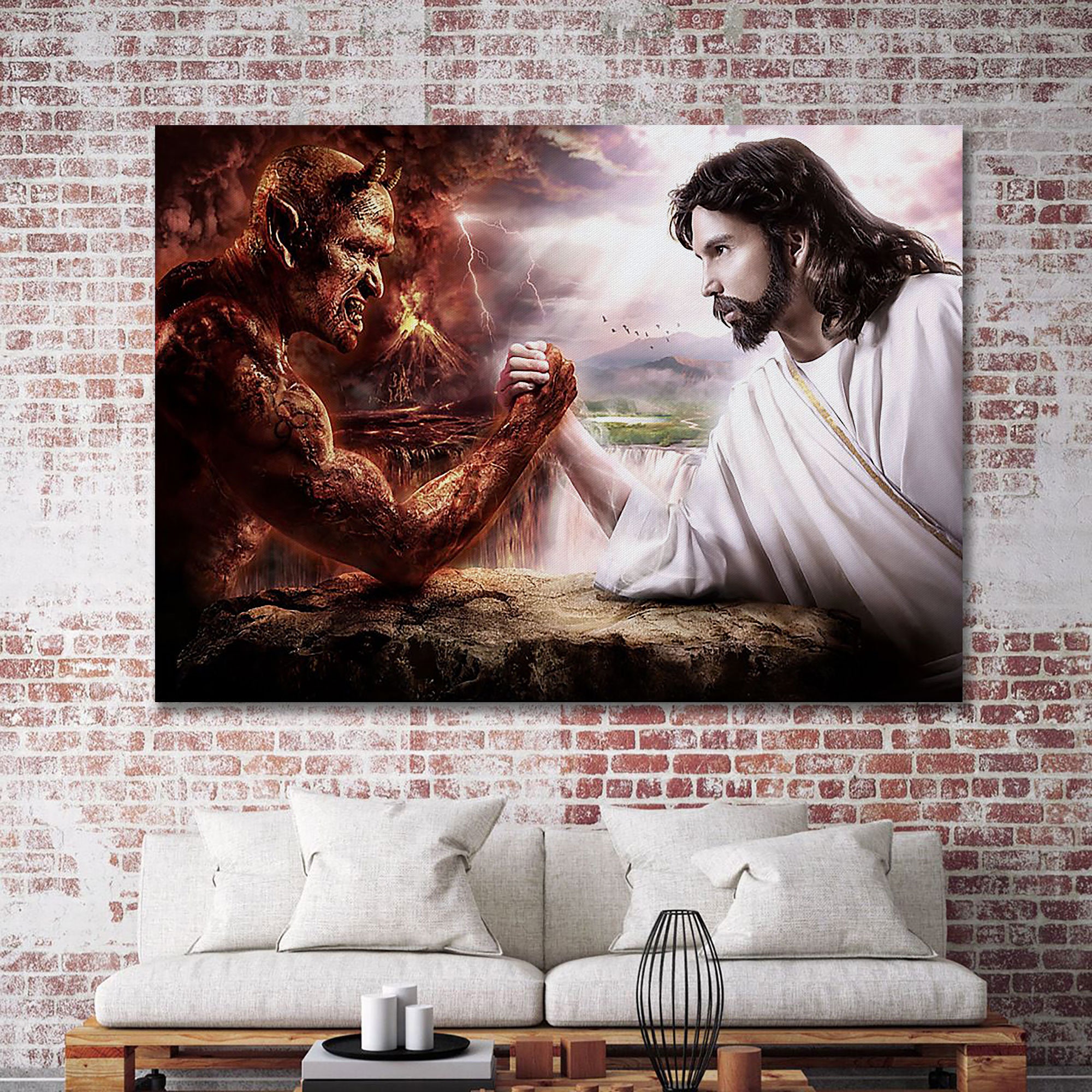Jesus Beats the Devil in a Pro Wrestling Match Jesus on the Top Rope in the T  Pose Ready to Slam Satan Artist Signed Print. Handmade 