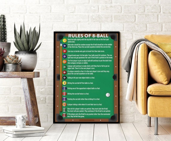 PERSONALIZED CHALKBOARD LOOK BILLIARDS POOL TABLE 8 BALL RULES POSTER -  FRAMED