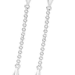 May include: A pair of silver teardrop earrings with a delicate chain connecting the two teardrop shapes.