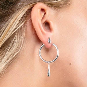 Hoops with Drop, Silver Hoop Earrings, Designer Silver Hoops, Charm Hoop Earrings, Everyday Wear Hoops, Silver Hoops, Designer Silver Hoops image 2