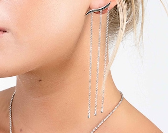 Boucles d’oreilles longues en argent, boucles d’oreilles à pompons, boucles d’oreilles longues pratiques, boucles d’oreilles Chain Drop, boucles d’oreilles en argent Statement, gouttes Silver Climber