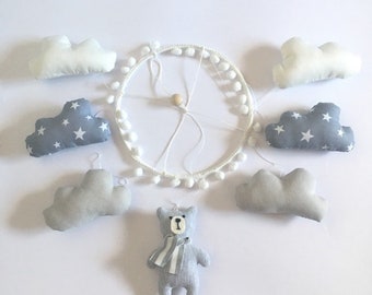 Teddy Bear Crib Baby Mobile, Nursery mobile, Crib mobile, Baby mobile, Teddy bear mobile, Clouds baby mobile, White cloud mobile, Nursery